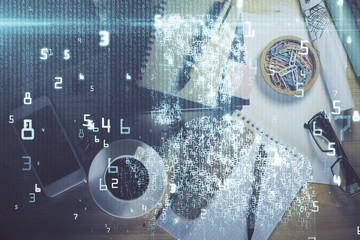 Multi exposure of technology theme drawing over work table desktop. Top view. Global data analysis concept.