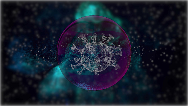 3d render virus cell inside a purple bubble over defocused starry background.