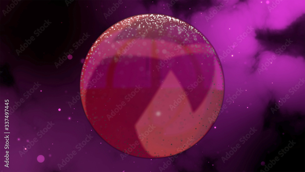 Poster 3d render of abstract neon ball gleaming with different shades of purple over space nebula backgroun