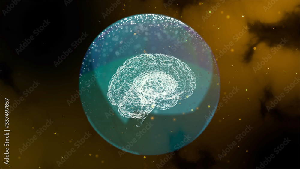Poster artificial brain 3d model giving neuro impulses inside transparent sphere over misty space backgroun