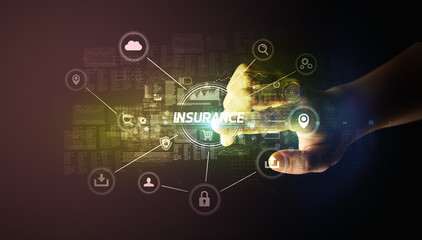 Hand touching INSURANCE inscription, Cybersecurity concept
