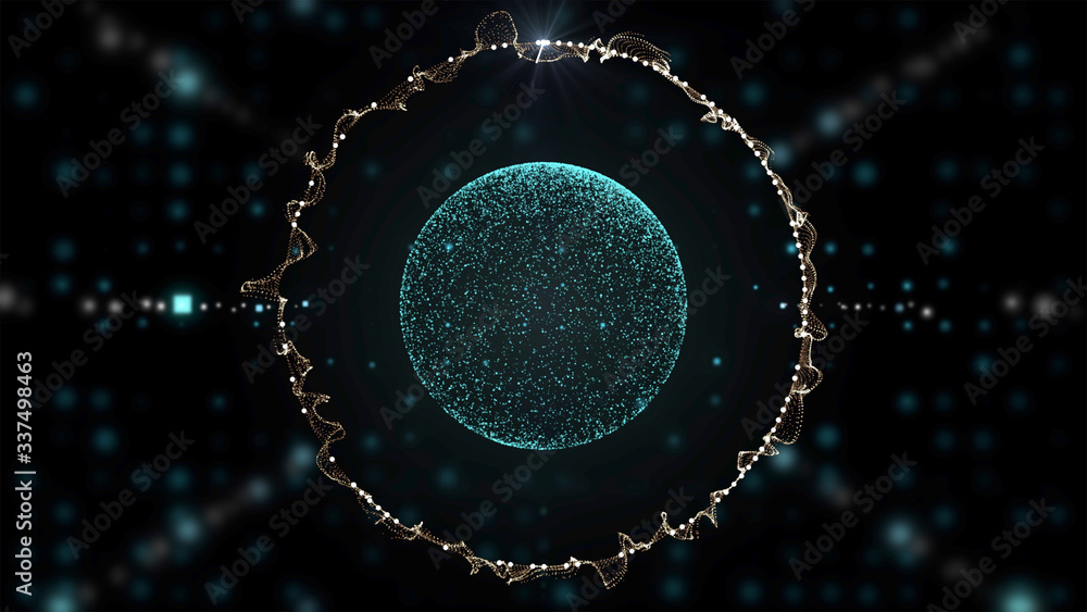 Poster 3d render floating transparent globe with fiery shining circle round in magic dust corridor over dar