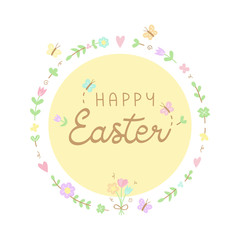 Obraz premium Happy Easter floral wreath vector illustration. Hand drawn flowers, plants and butterflies in circle with handwriting. Spring greeting card, isolated.