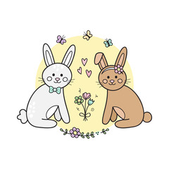 Cute bunnies vector illustration graphic. Hand drawn outlined rabbits in love, sitting next to each other with flowers and butterflies around them. Spring greeting card print, isolated.