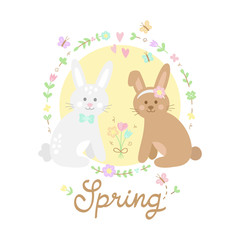 Obraz na płótnie Canvas Cute bunnies vector illustration. Hand drawn rabbits in love, sitting next to each other with flowers and butterflies in circle around them. Spring greeting card with handwriting.