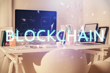 Double exposure of crypto technology theme drawing and office interior background. Concept of blockchain.