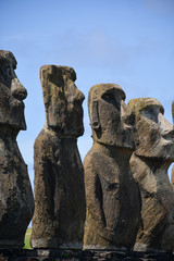Details of Ancient maoi statues at Tongariki, largest collection of erected Maoi on Rapa Nui, Easter Island
