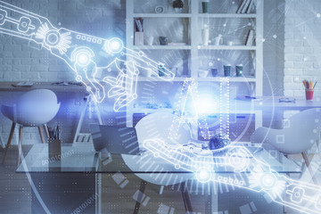 Multi exposure of data theme drawing and office interior background. Concept of technology.