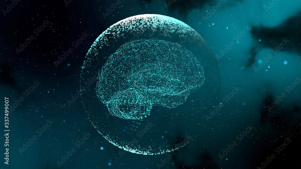 Poster 3d render artificial brain model giving neuro impulses inside transparent sphere over misty space ba