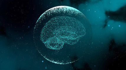3d render artificial brain model giving neuro impulses inside transparent sphere over misty space background.