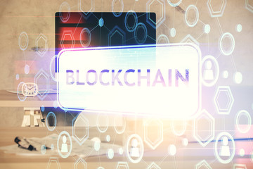 Double exposure of crypto technology theme drawing and office interior background. Concept of...