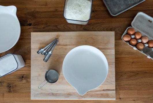 Overhead Of Kitchen Counter Set Up With Supplies For Baking At Home