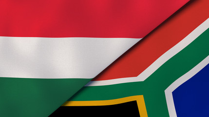 The flags of Hungary and South Africa. News, reportage, business background. 3d illustration