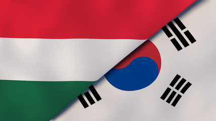 The flags of Hungary and South Korea. News, reportage, business background. 3d illustration