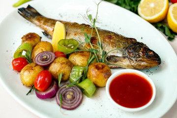 rainbow trout with grilled vegetables and citrus sauce