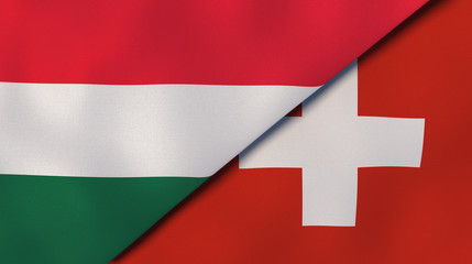 The flags of Hungary and Switzerland. News, reportage, business background. 3d illustration