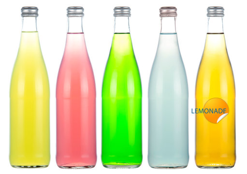 Five bottles of carbonated lemonade in various colors