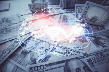 Double exposure of brain drawing over us dollars bill background. Technology concept.