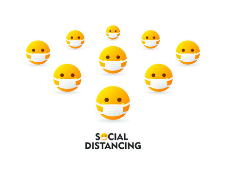 Group of emoticons wear protection mask and keep distancing to prevent spreading the virus covid-19. Social distancing text - isolated vector illustration