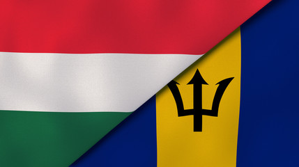The flags of Hungary and Barbados. News, reportage, business background. 3d illustration