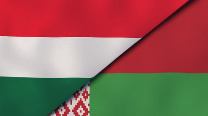 The flags of Hungary and Belarus. News, reportage, business background. 3d illustration