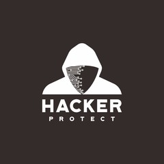 Hacker and shild sign symbol for hacker protection logo design vector