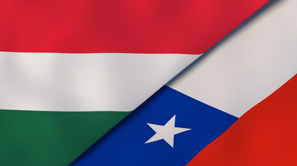 The flags of Hungary and Chile. News, reportage, business background. 3d illustration