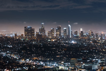 Aerial night view of financial district skyline in downtown Los Angeles; California