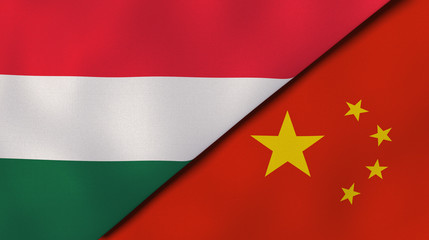 The flags of Hungary and China. News, reportage, business background. 3d illustration