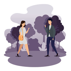 young couple in park landscape vector illustration design