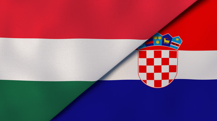 Naklejka premium The flags of Hungary and Croatia. News, reportage, business background. 3d illustration