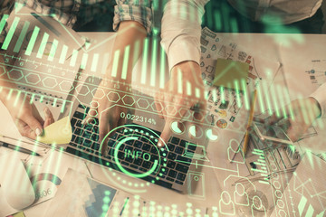 Double exposure of man and woman working together and technology theme drawing. Computer background. Top View. High tech concept.