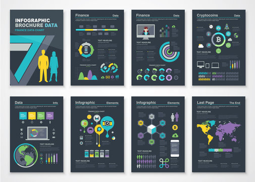 Grupo de Elementos Infográficos Tecnológicos, Estadísticos y de Redes Sociales Color Obscuro en Formato Vectorial