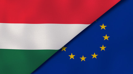 The flags of Hungary and European Union. News, reportage, business background. 3d illustration