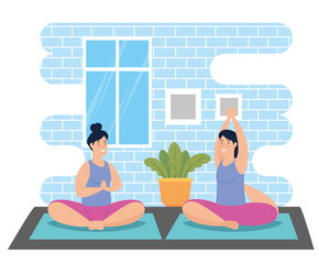 women doing yoga in the house vector illustration design
