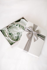 Bride hair crown. Inside the gift box. The wedding day.