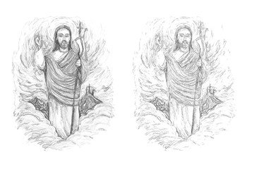 Obraz na płótnie Canvas calm jesus messiah raising palm of hand in the background