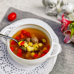 soup with vegetables and meatballs for lunch