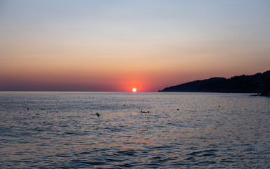 People are swimming in the Black sea  during sunset. A red disk of the sun goes under the water. On the right there is a silhouette of the root of the mountain.
