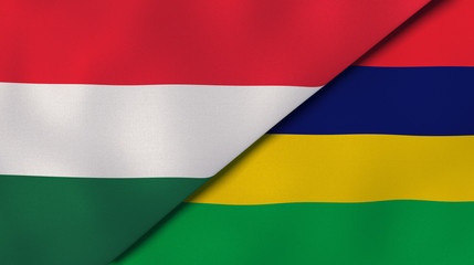 The flags of Hungary and Mauritius. News, reportage, business background. 3d illustration