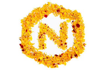 Letter N In Spring Flower Petal Hexagon. Marigold petal alphabet isolated on white background.