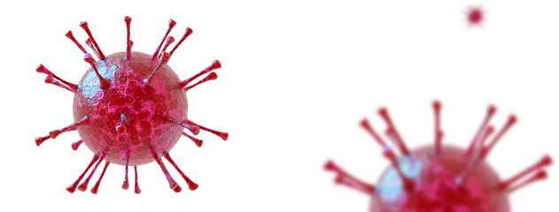 3D illustration banner of COVID-19 virus under the microscope. Isolated white background. 