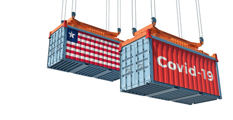 Container with Coronavirus Covid-19 text on the side and container with Liberia Flag. Concept of international trade and travel spreading the Corona virus. 3D Rendering 