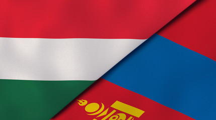The flags of Hungary and Mongolia. News, reportage, business background. 3d illustration
