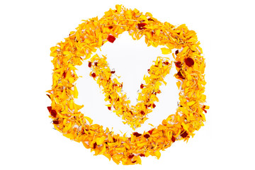 Letter V In Spring Flower Petal Hexagon. Marigold petal alphabet isolated on white background.
