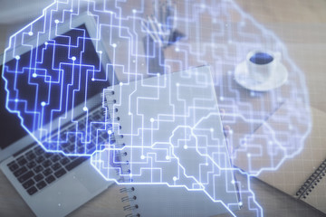 Multi exposure of woman hands working on computer and human brain hologram drawing. Ai tech concept.