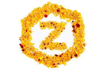 Letter Z In Spring Flower Petal Hexagon. Marigold petal alphabet isolated on white background.