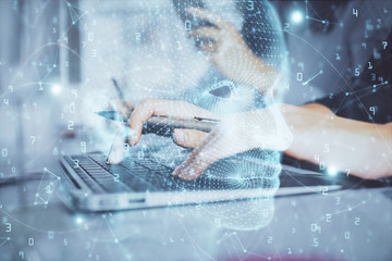 Multi exposure of woman hands working on computer and brain hologram drawing. Ai concept.