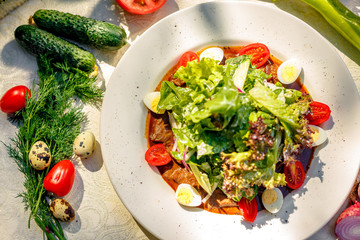 salad with fresh vegetables and meat, with lettuce, yatsami, tomatoes on a white plate