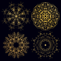 Decorative ornate snowflake looking like Indian round lace mandala. Vintage  pattern. Invitation, wedding card, scrapbooking. Christmas card design. Gold over black.